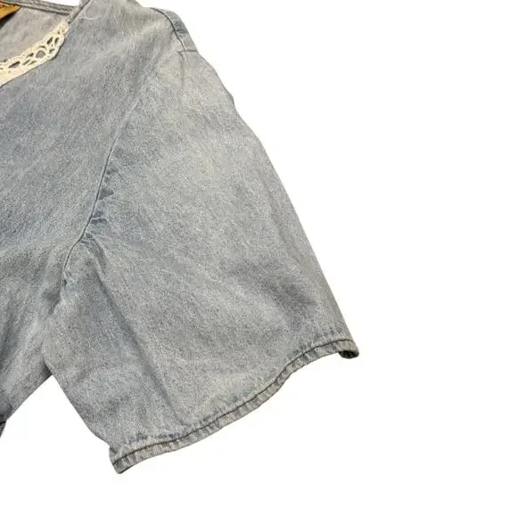 Vintage Studio Ease XL Blue Denim Chambray Lace Neckline Belt Maxi Dress - Picture 16 of 16